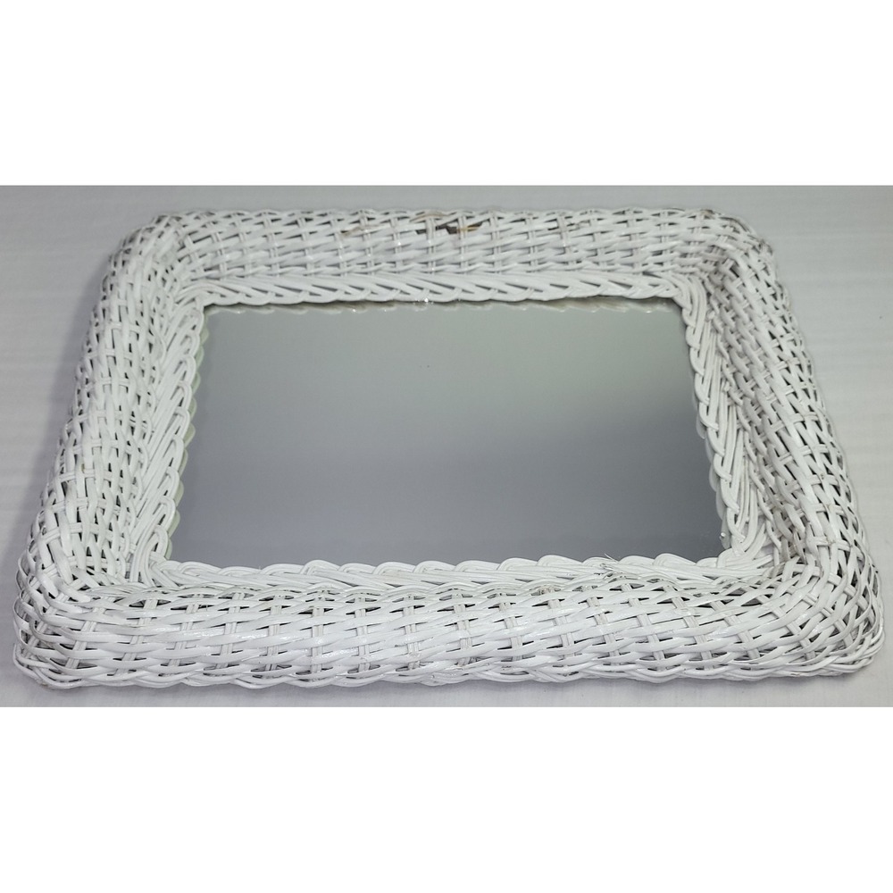 Wicker Wall Mirror Home Decor White Vtg MCM Woven Rectangle Cottagcore READ!